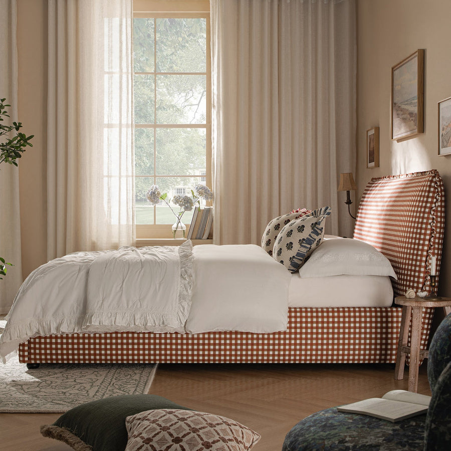Celeste Upholstered Storage Bed with Ruffled Headboard, Brick Gingham