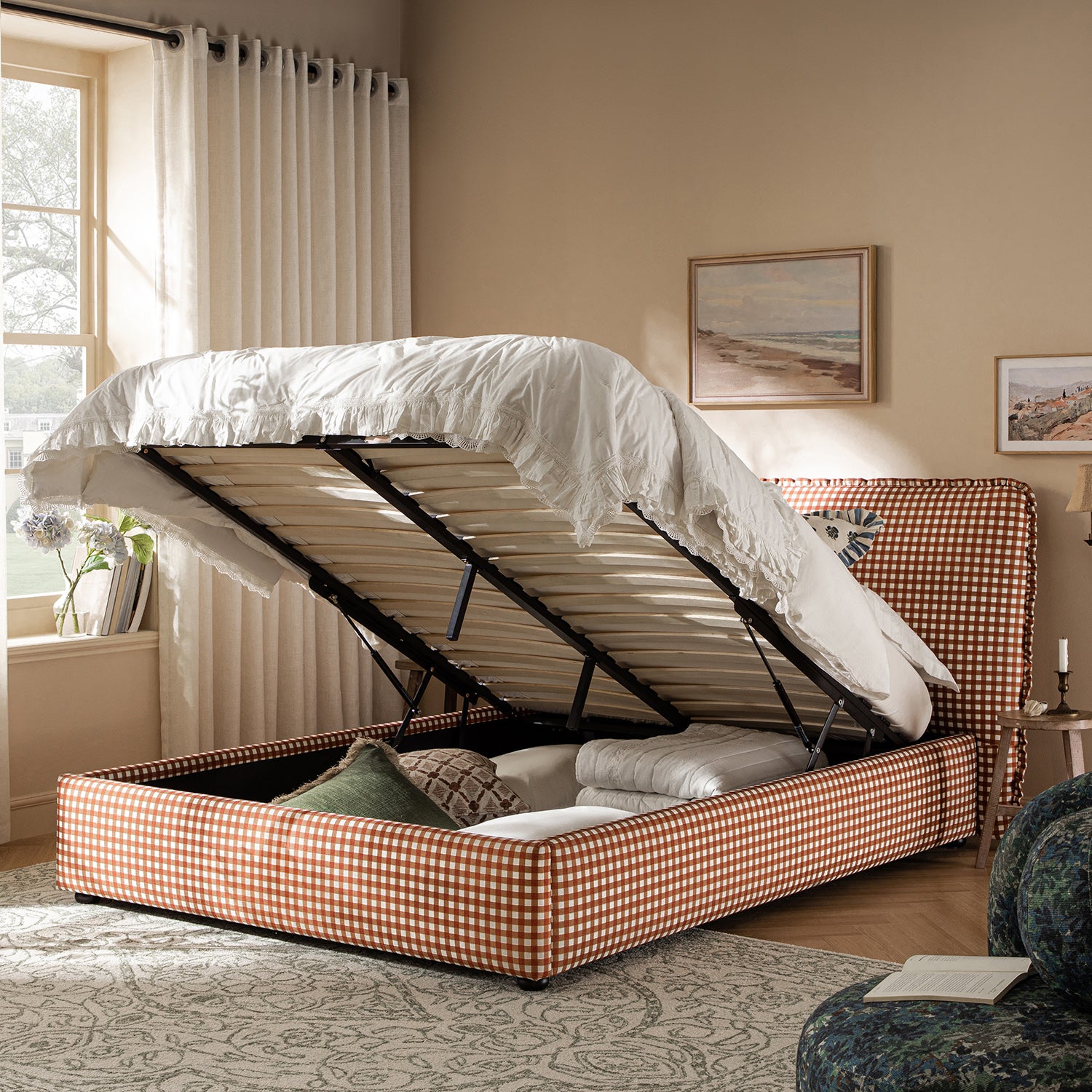 Celeste Upholstered Storage Bed with Ruffled Headboard, Brick Gingham