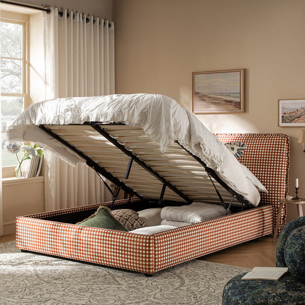 Celeste Upholstered Storage Bed with Ruffled Headboard, Brick Gingham - daals