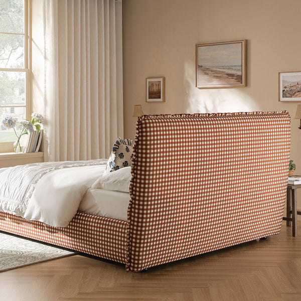 Celeste Upholstered Storage Bed with Ruffled Headboard, Brick Gingham - daals