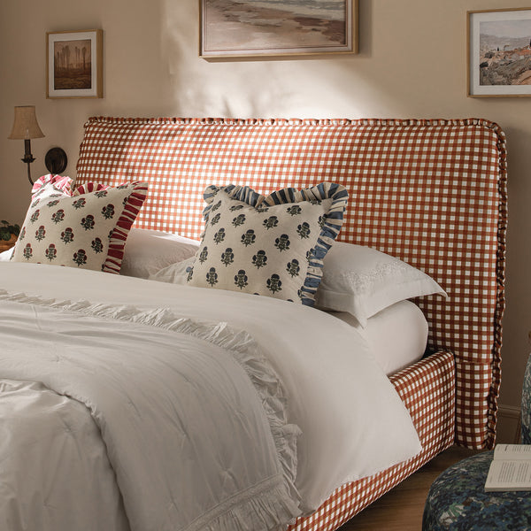 Celeste Upholstered Storage Bed with Ruffled Headboard, Brick Gingham - daals