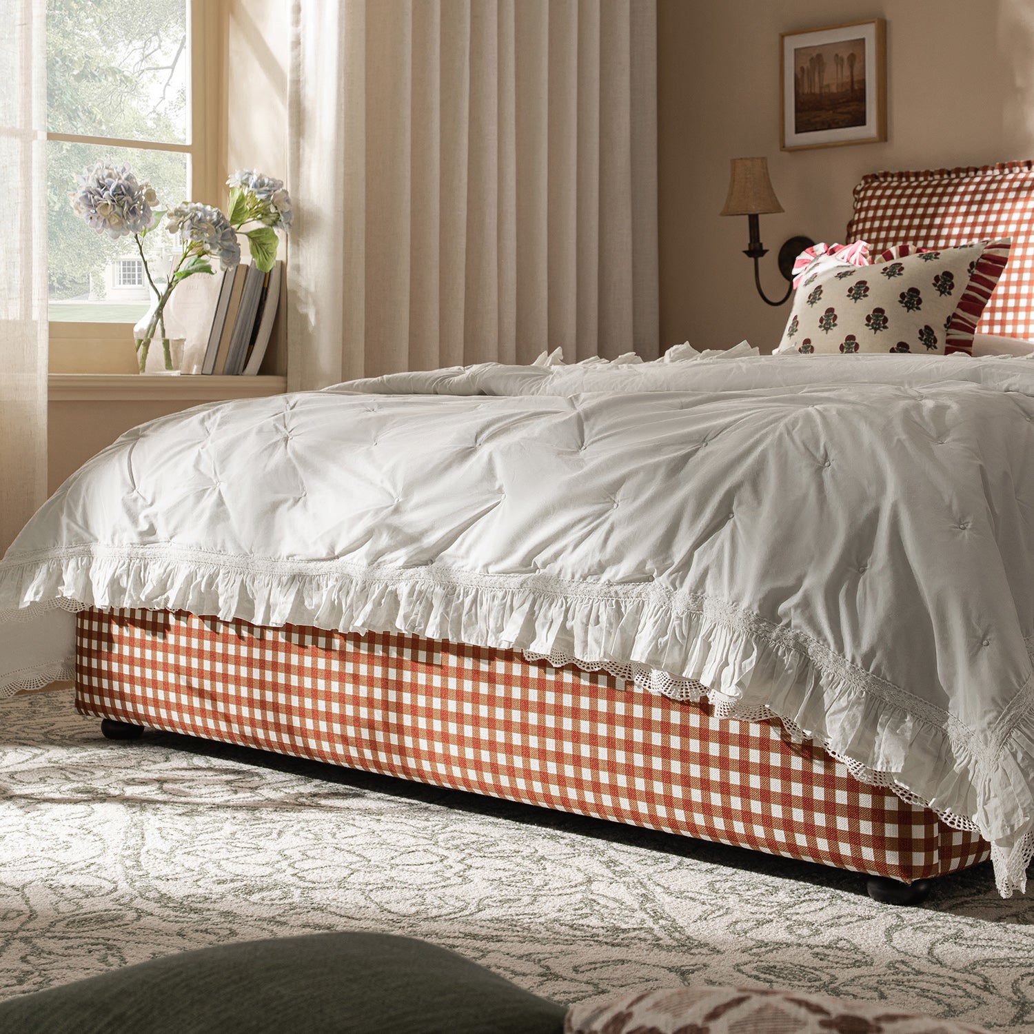 Celeste Upholstered Storage Bed with Ruffled Headboard, Brick Gingham