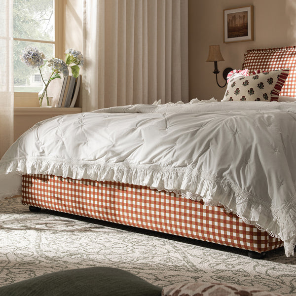 Celeste Upholstered Storage Bed with Ruffled Headboard, Brick Gingham - daals