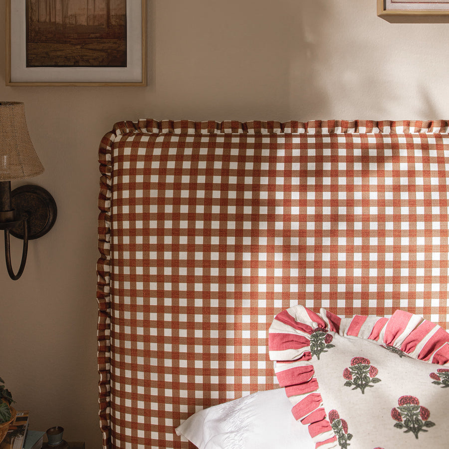 Celeste Upholstered Storage Bed with Ruffled Headboard, Brick Gingham