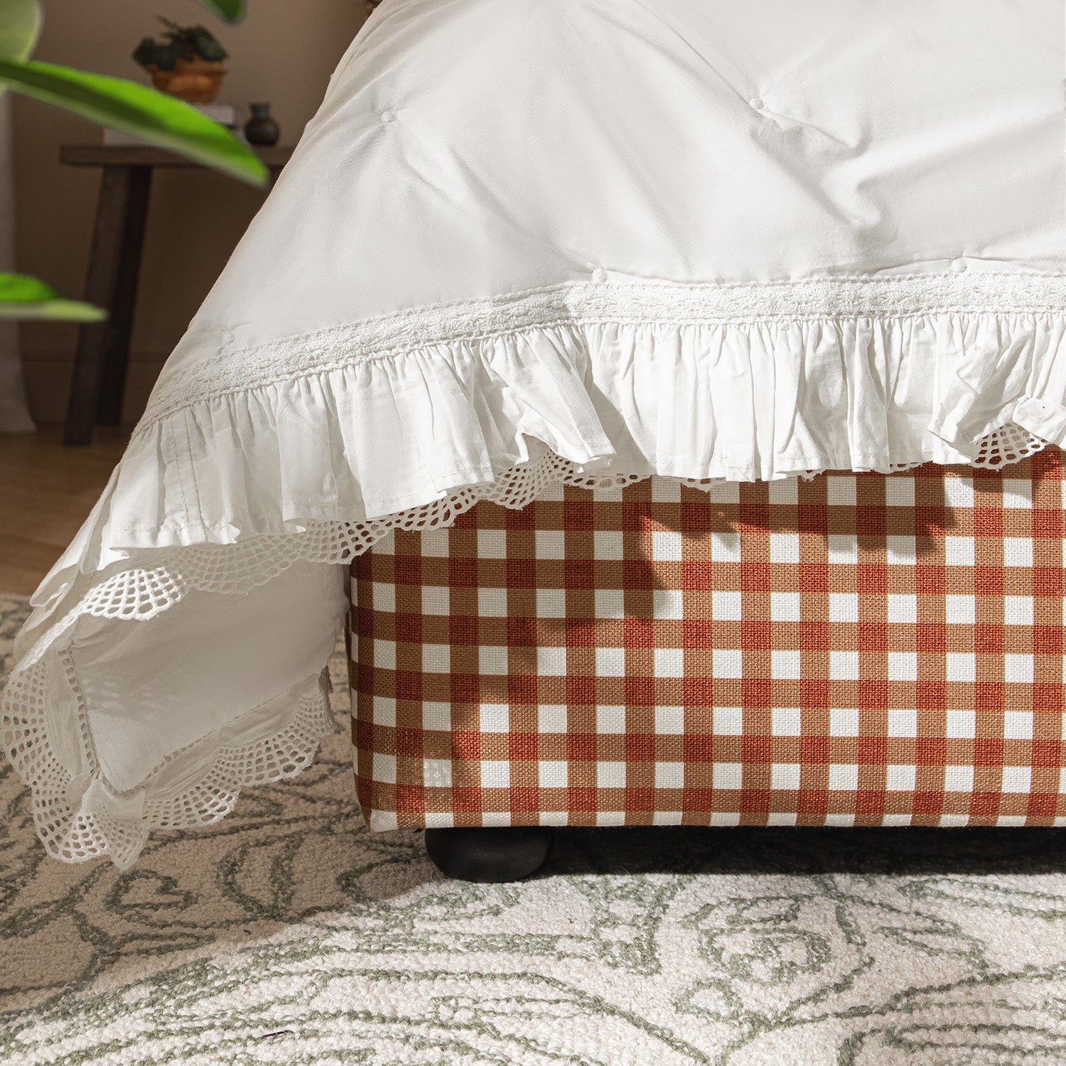 Celeste Upholstered Storage Bed with Ruffled Headboard, Brick Gingham