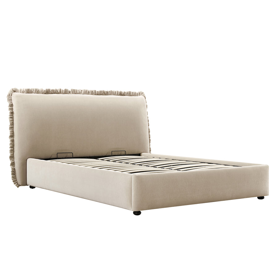 Celeste Upholstered Storage Bed with Ruffled Headboard, Fawn Chenille