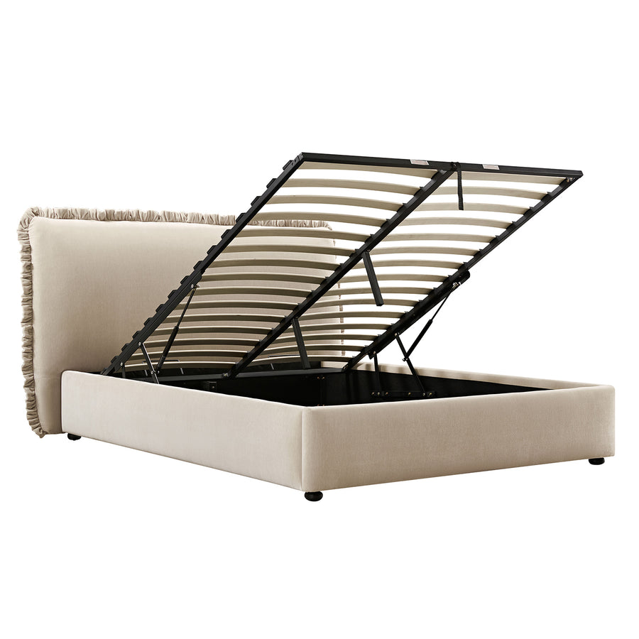 Celeste Upholstered Storage Bed with Ruffled Headboard, Fawn Chenille