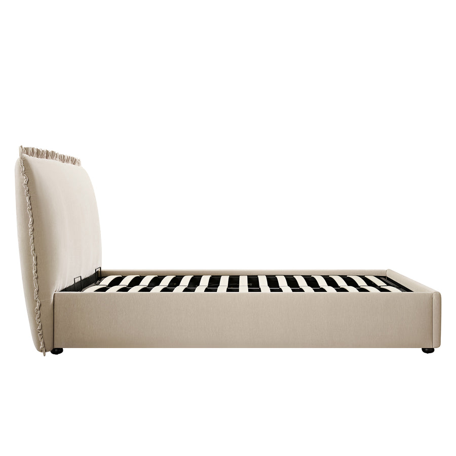 Celeste Upholstered Storage Bed with Ruffled Headboard, Fawn Chenille