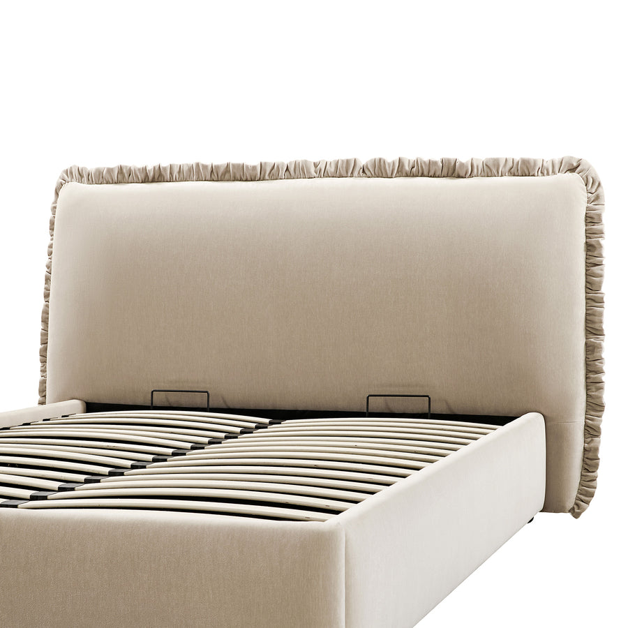 Celeste Upholstered Storage Bed with Ruffled Headboard, Fawn Chenille