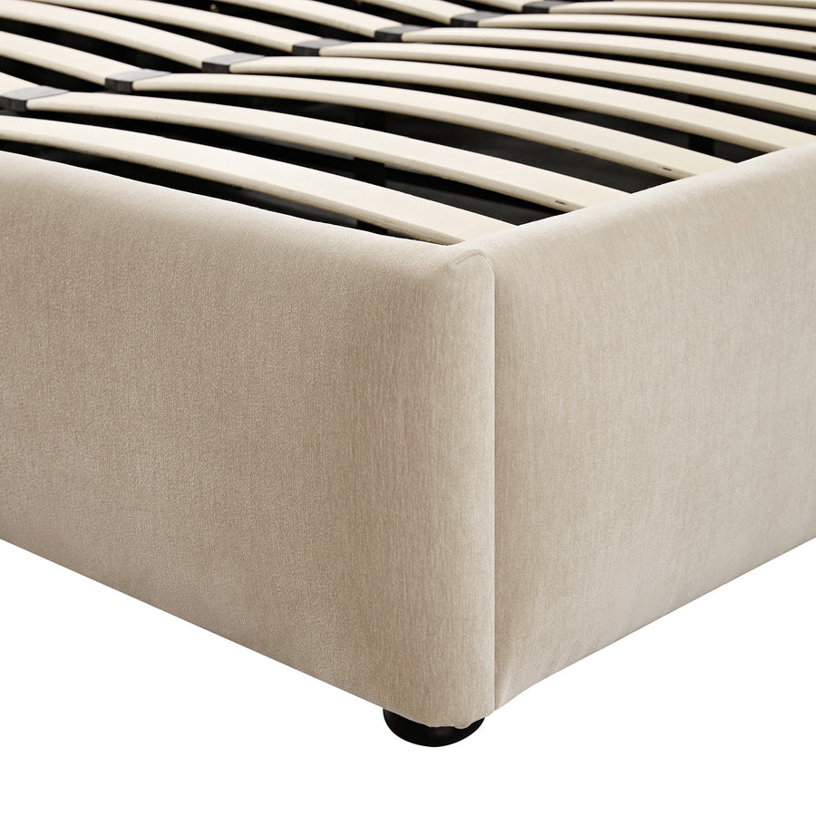 Celeste Upholstered Storage Bed with Ruffled Headboard, Fawn Chenille