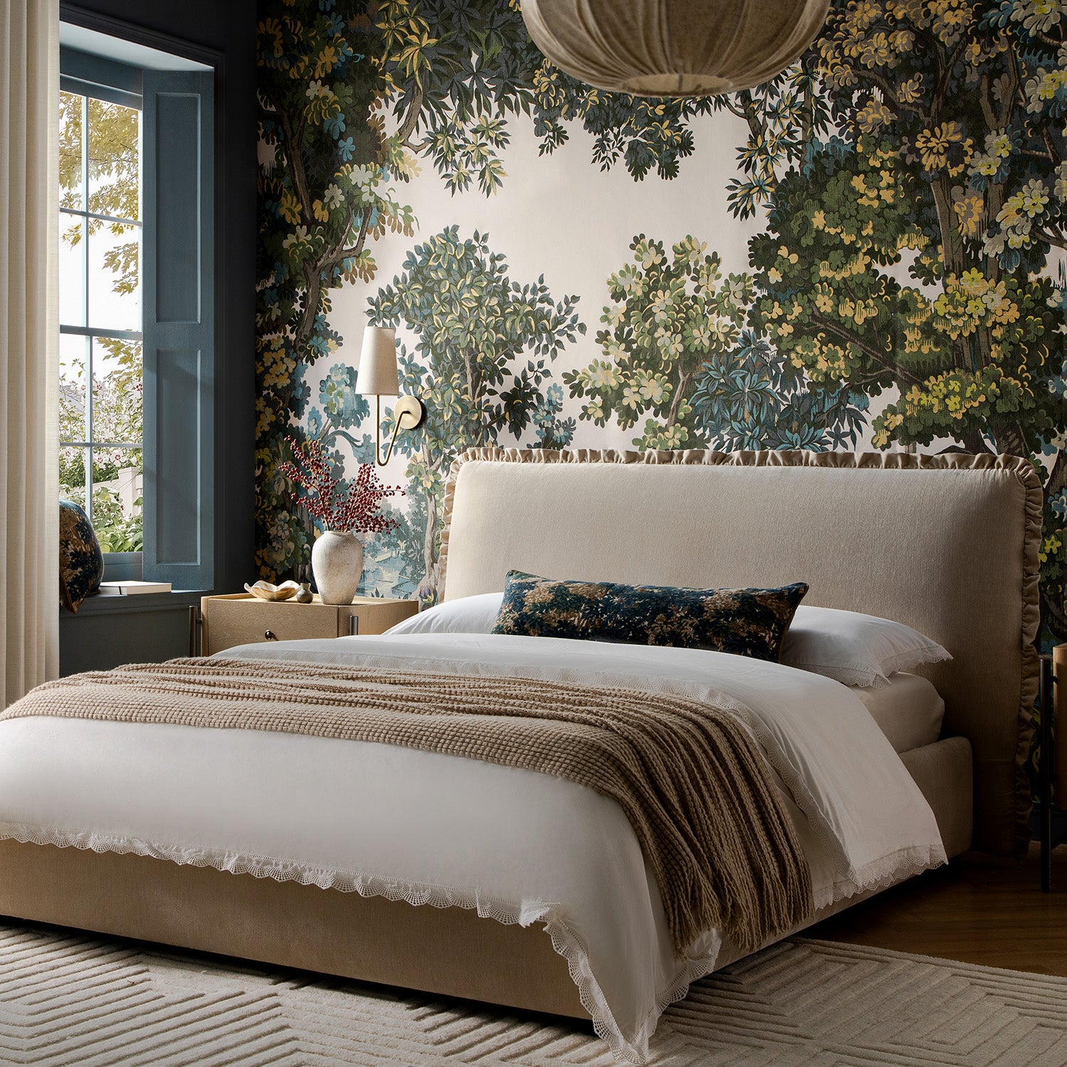Celeste Upholstered Storage Bed with Ruffled Headboard, Fawn Chenille - daals