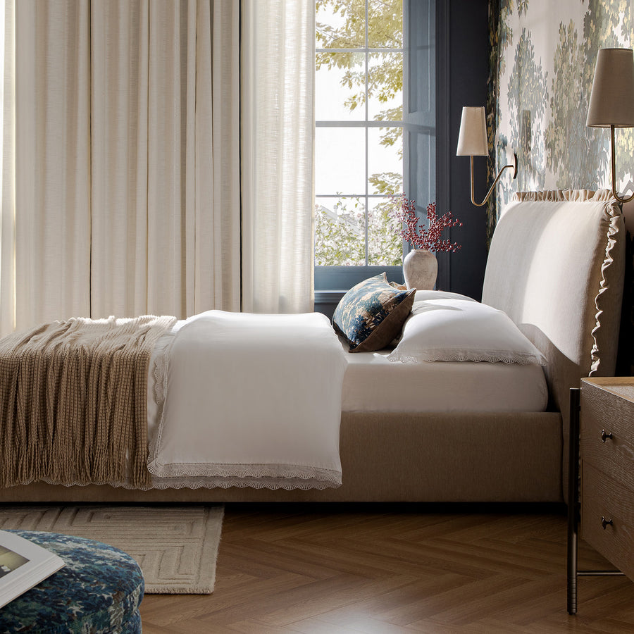 Celeste Upholstered Storage Bed with Ruffled Headboard, Fawn Chenille - daals