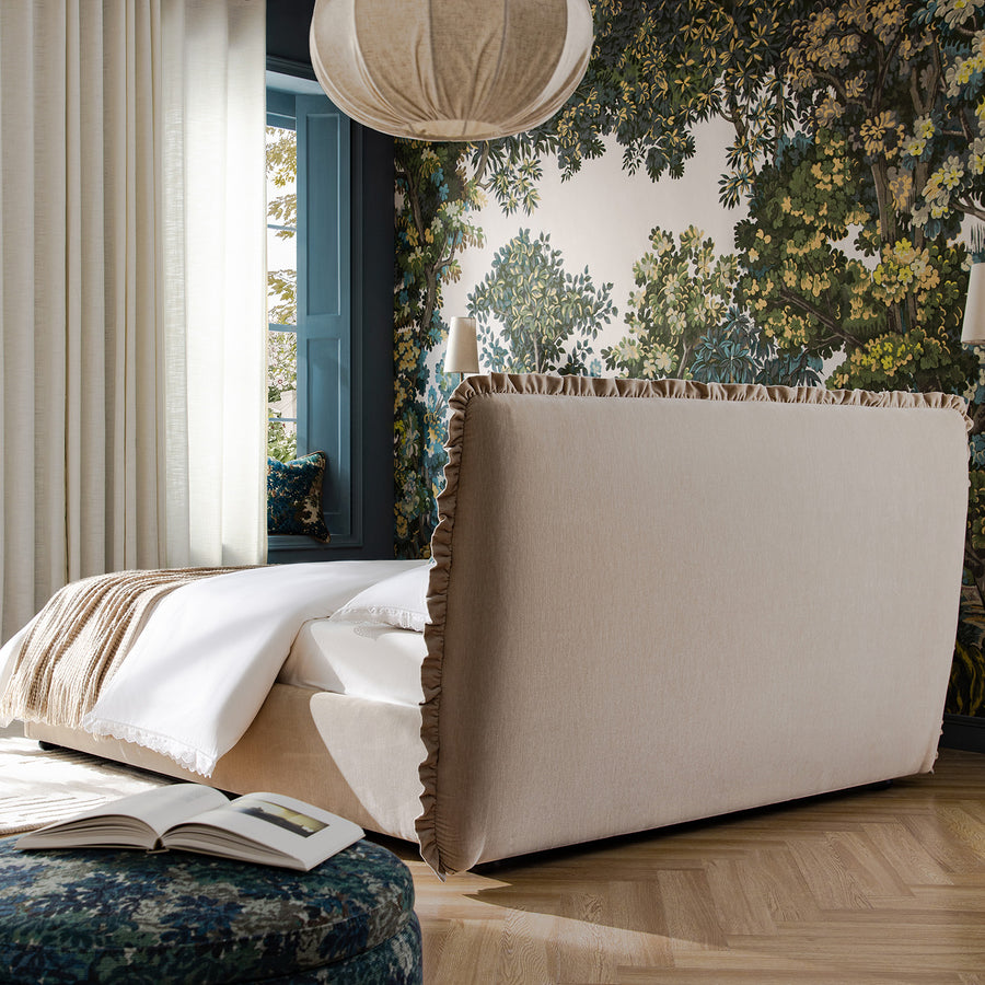 Celeste Upholstered Storage Bed with Ruffled Headboard, Fawn Chenille - daals