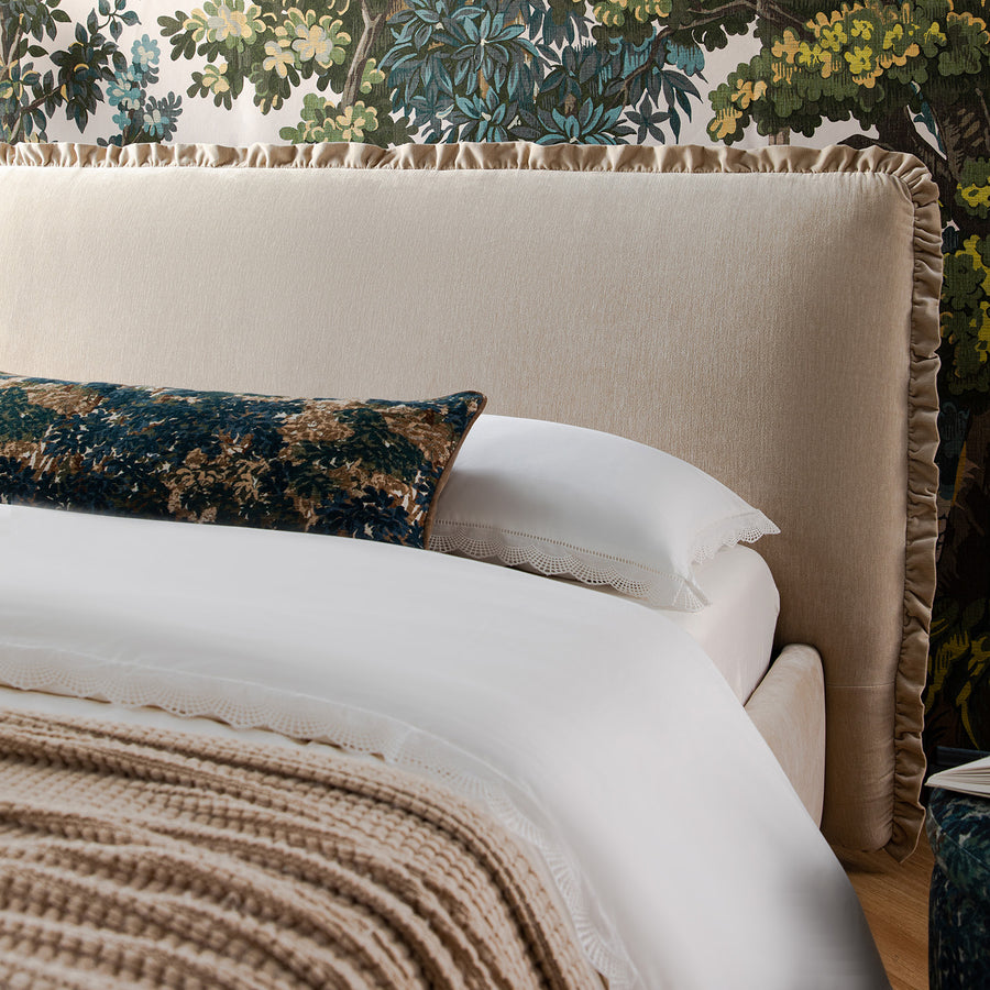 Celeste Upholstered Storage Bed with Ruffled Headboard, Fawn Chenille - daals