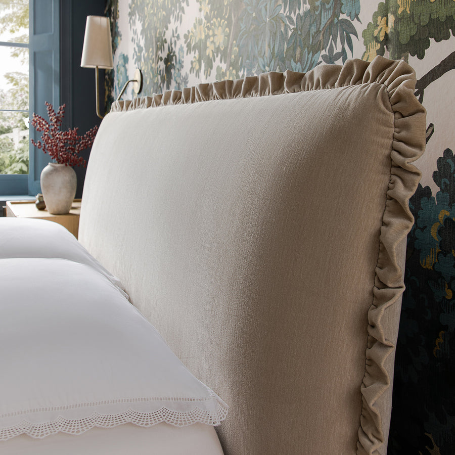 Celeste Upholstered Storage Bed with Ruffled Headboard, Fawn Chenille - daals