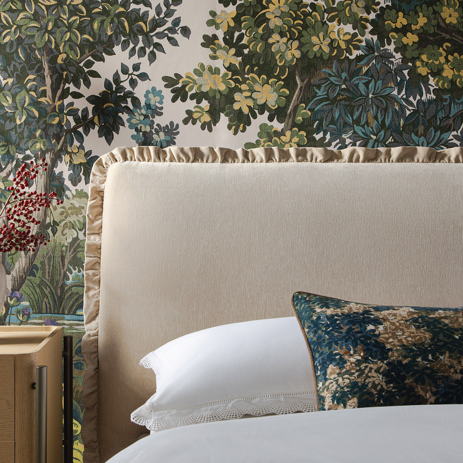 Celeste Upholstered Storage Bed with Ruffled Headboard, Fawn Chenille - daals