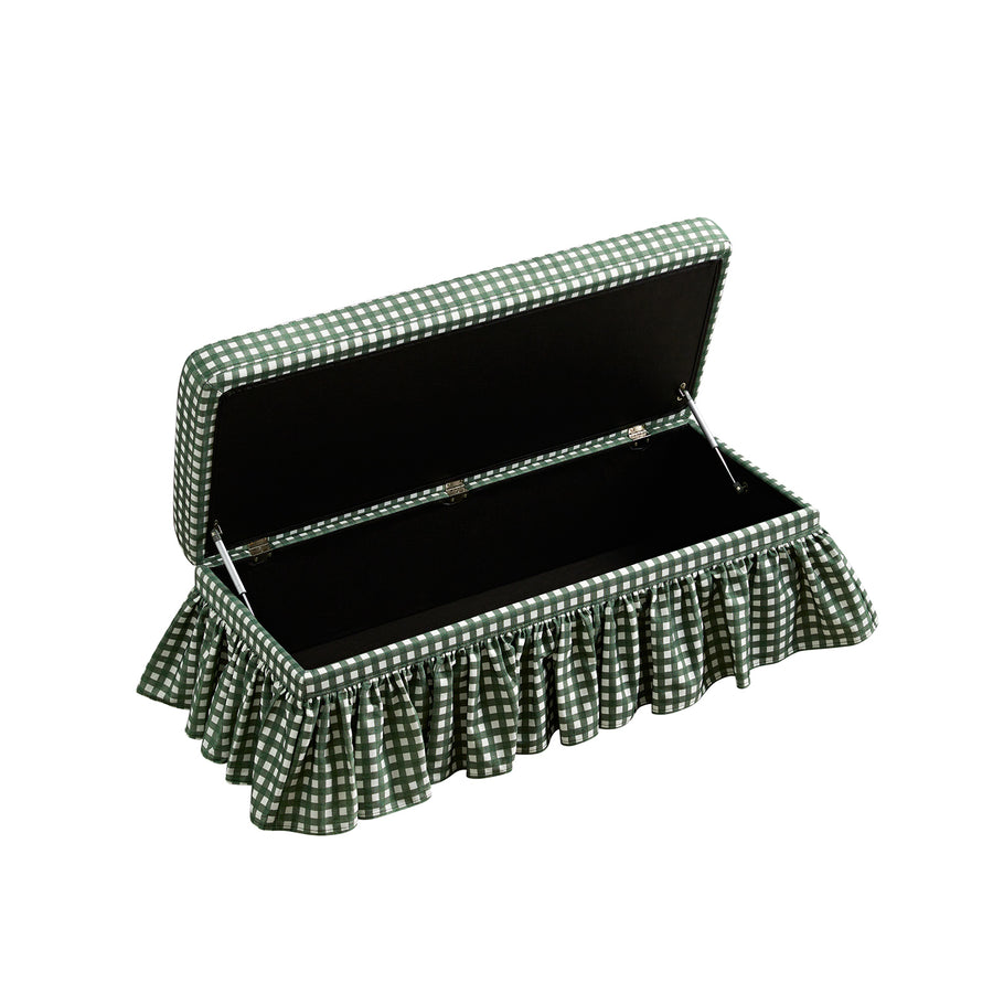 Celeste Ruffled Skirt Upholstered Storage Bench, Spruce Green Gingham - daals
