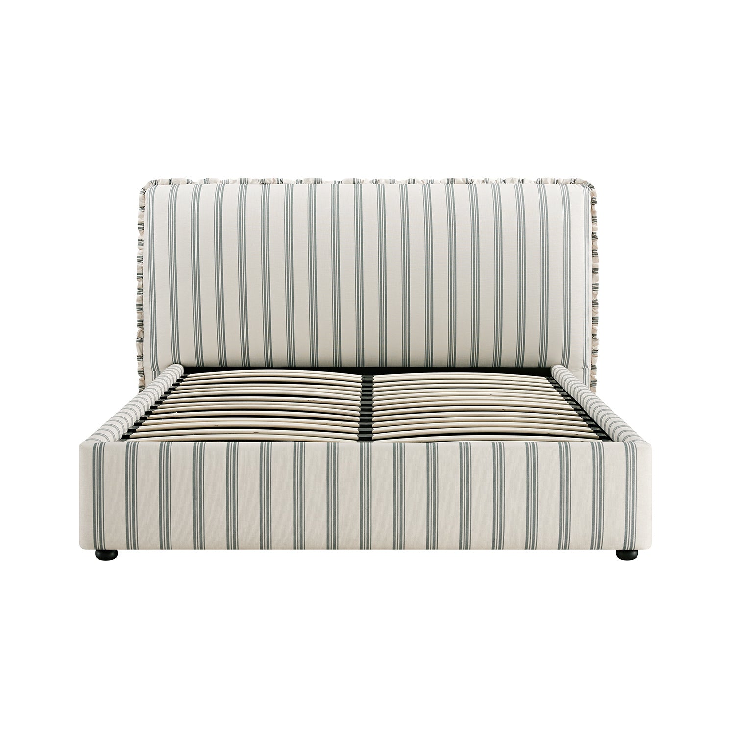 Celeste Upholstered Storage Bed with Ruffled Headboard, Laurel Green Stripe