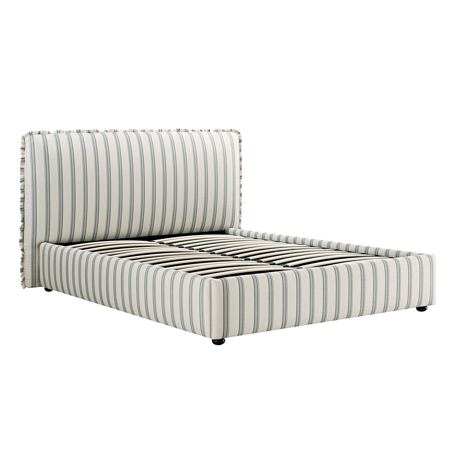 Celeste Upholstered Storage Bed with Ruffled Headboard, Laurel Green Stripe
