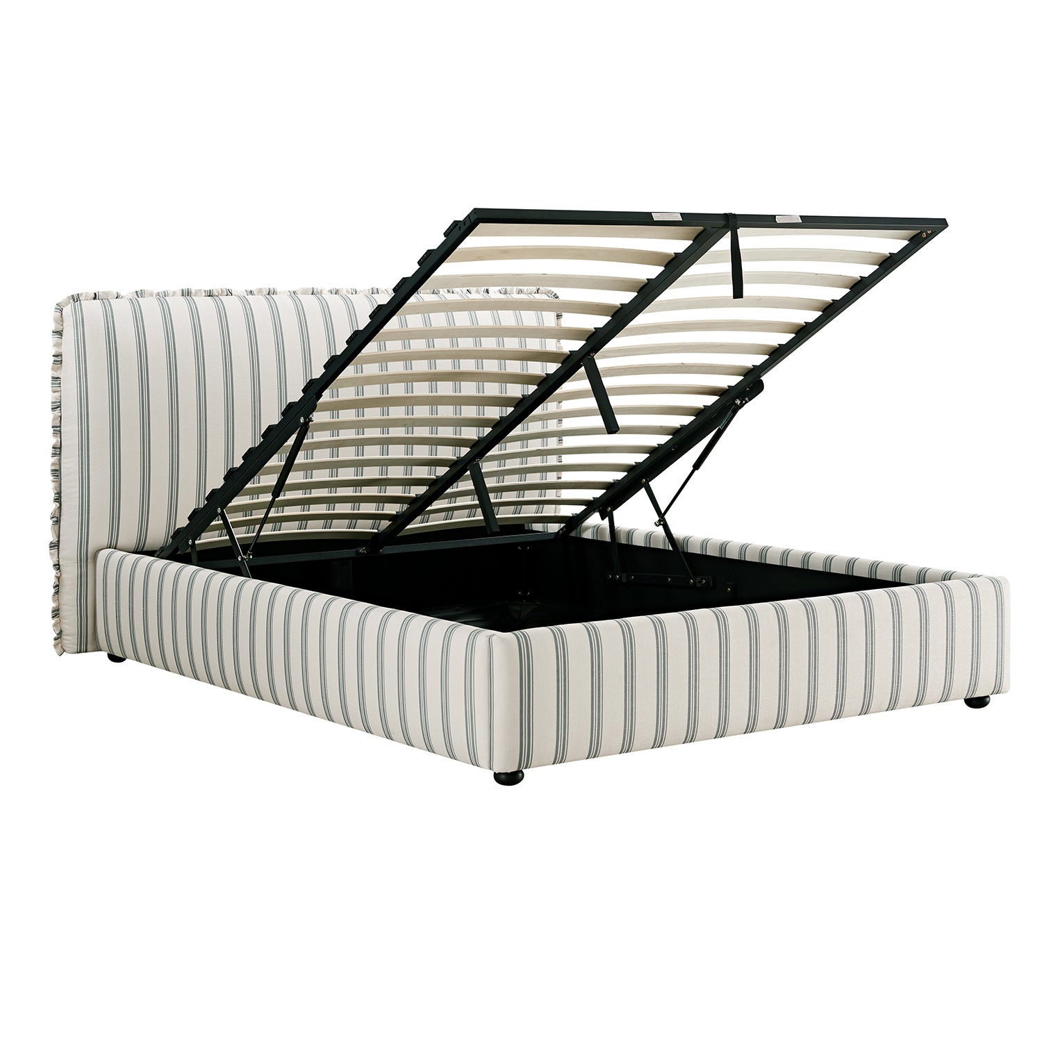 Celeste Upholstered Storage Bed with Ruffled Headboard, Laurel Green Stripe