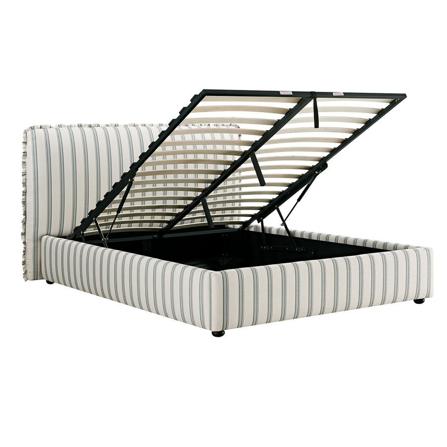Celeste Upholstered Storage Bed with Ruffled Headboard, Laurel Green Stripe