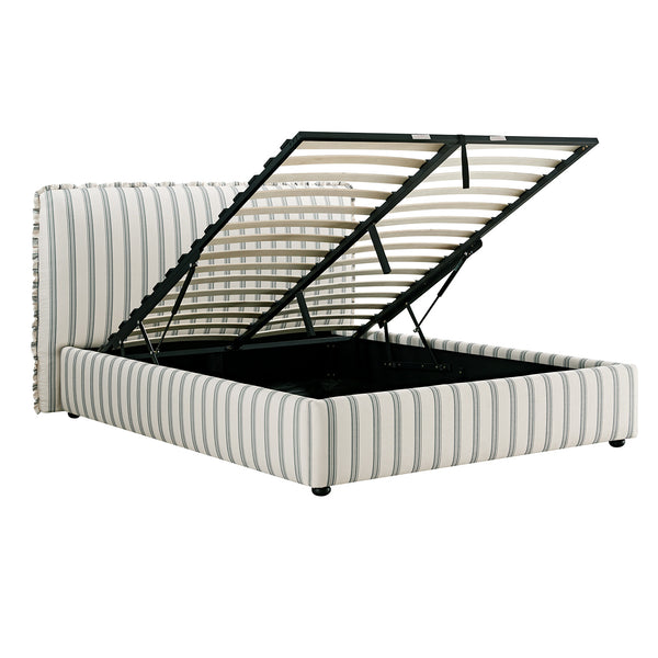 Celeste Upholstered Storage Bed with Ruffled Headboard, Laurel Green Stripe - daals