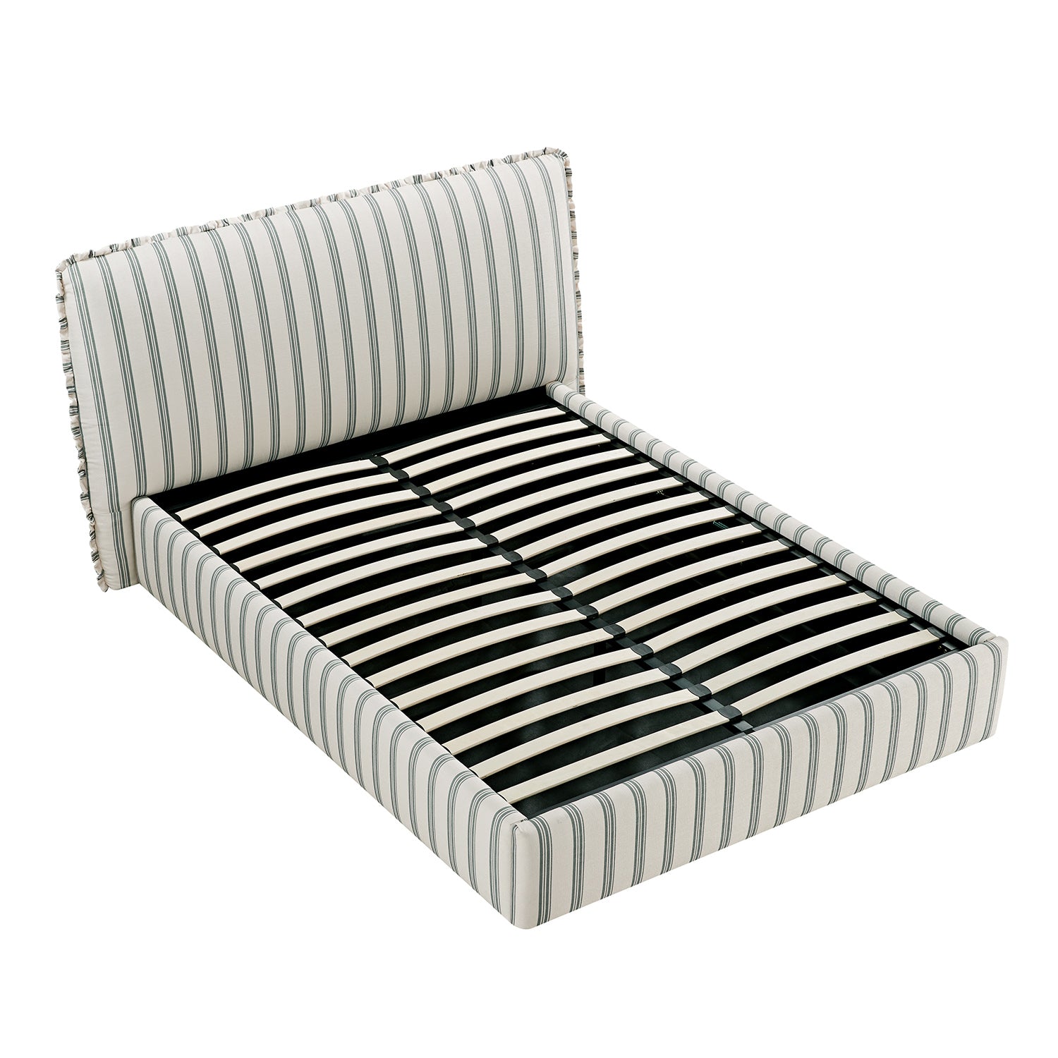Celeste Upholstered Storage Bed with Ruffled Headboard, Laurel Green Stripe
