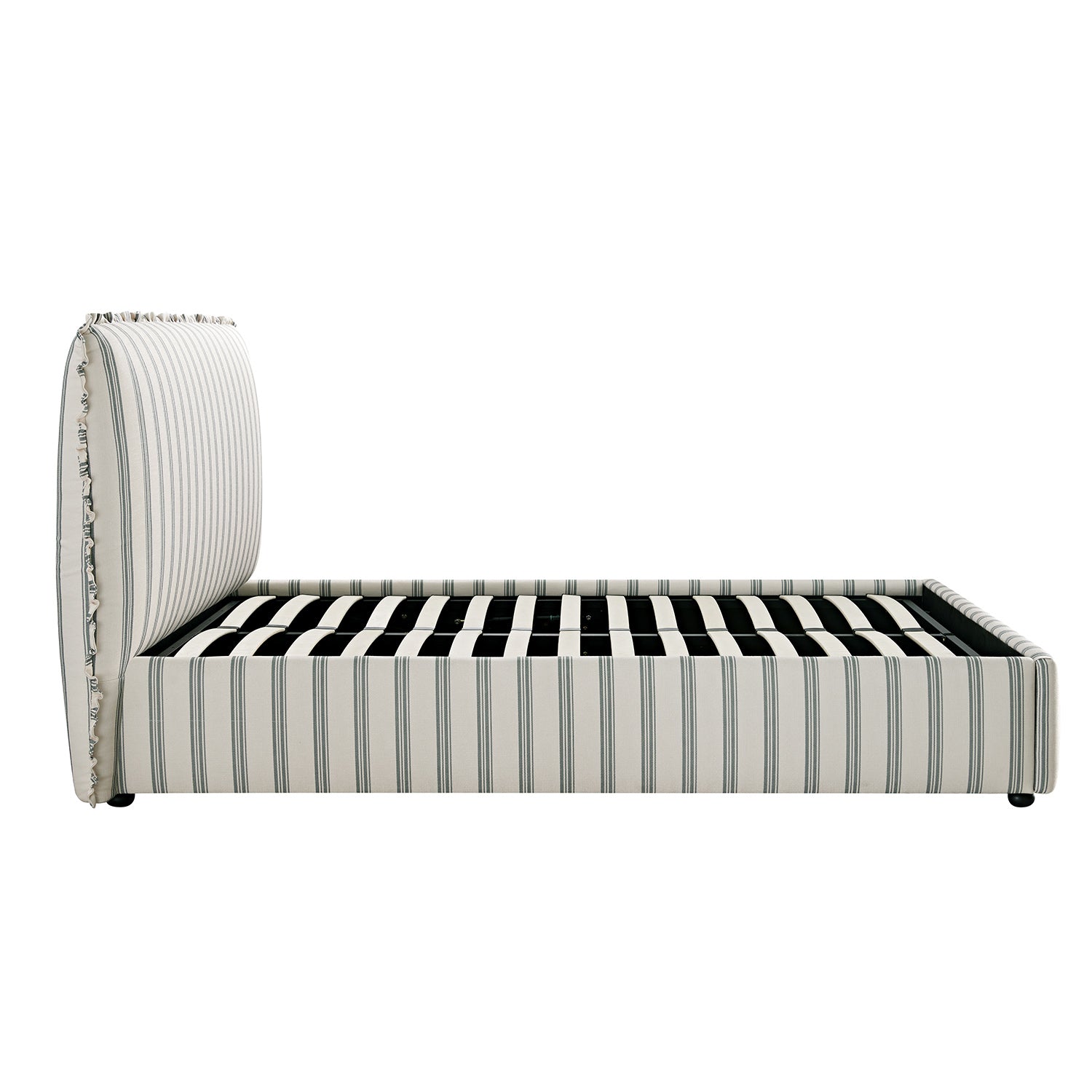 Celeste Upholstered Storage Bed with Ruffled Headboard, Laurel Green Stripe
