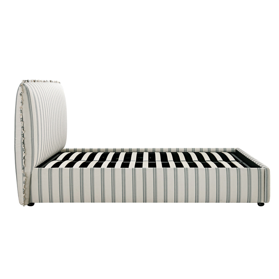 Celeste Upholstered Storage Bed with Ruffled Headboard, Laurel Green Stripe