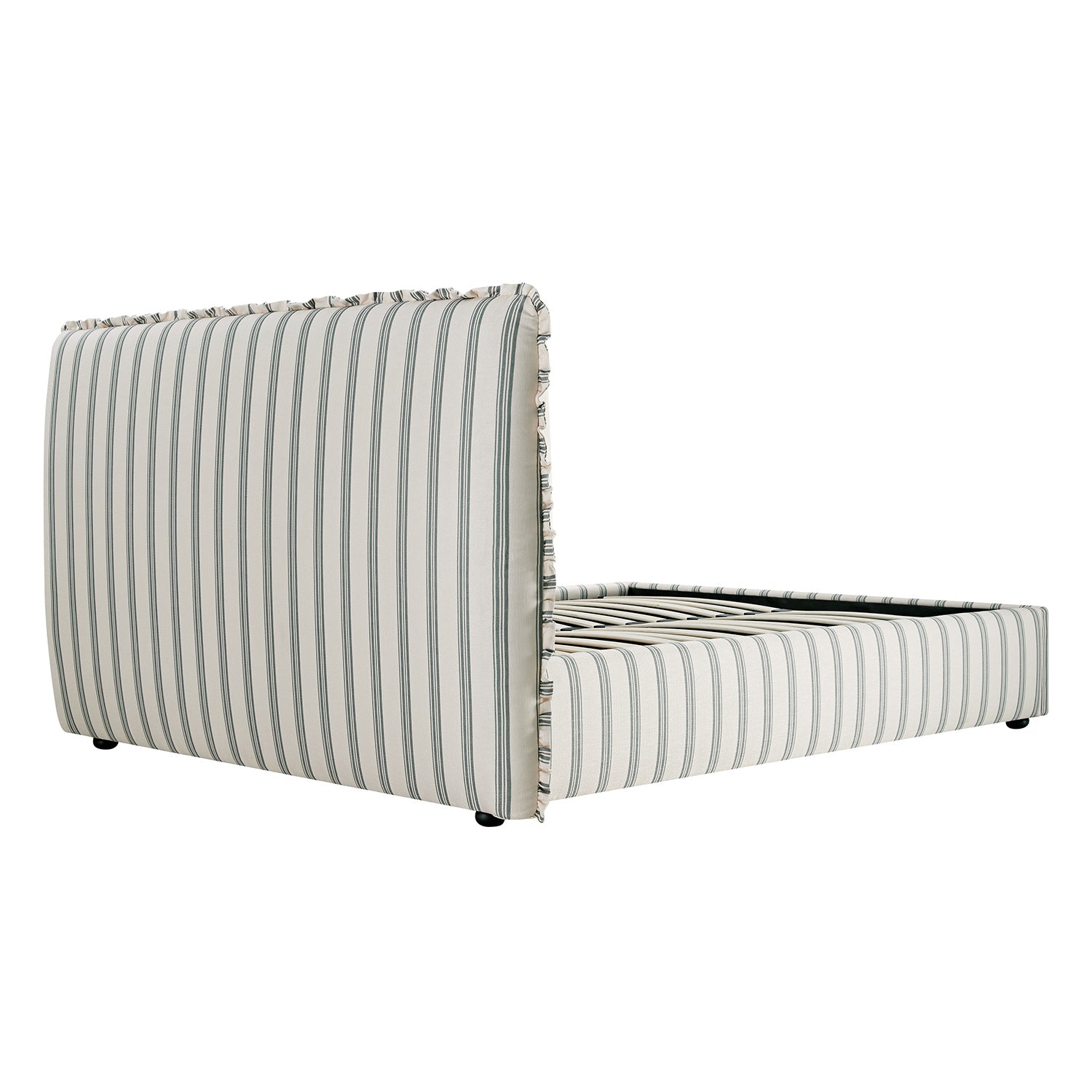 Celeste Upholstered Storage Bed with Ruffled Headboard, Laurel Green Stripe
