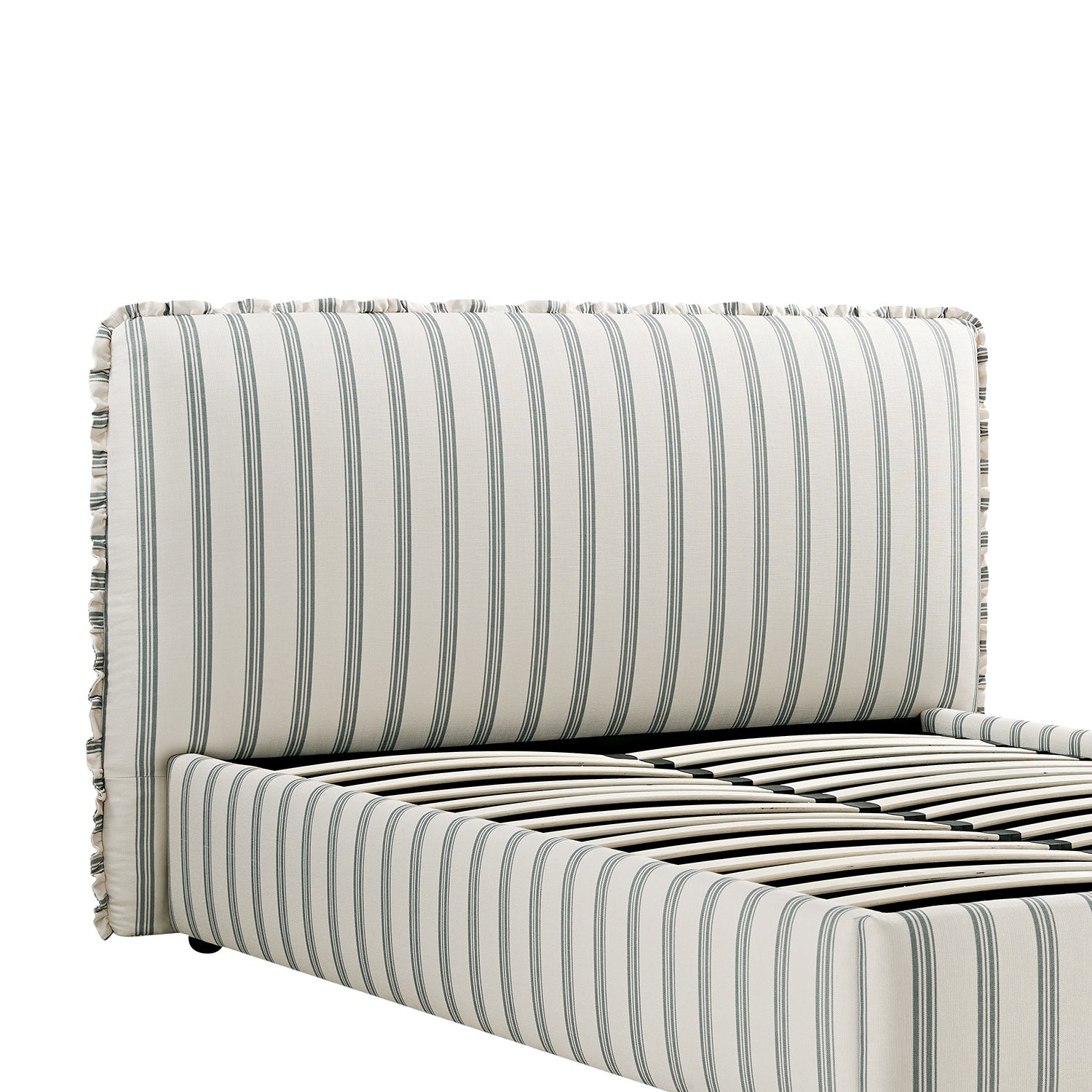 Celeste Upholstered Storage Bed with Ruffled Headboard, Laurel Green Stripe