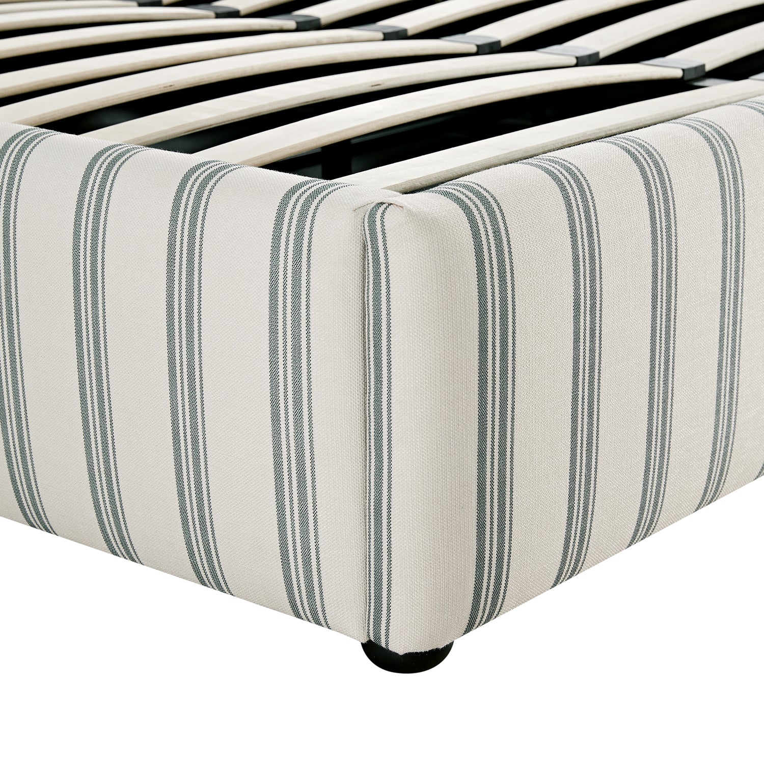 Celeste Upholstered Storage Bed with Ruffled Headboard, Laurel Green Stripe