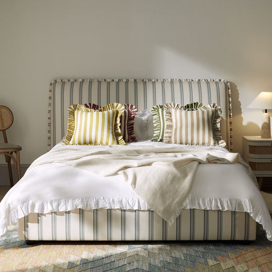 Celeste Upholstered Storage Bed with Ruffled Headboard, Laurel Green Stripe