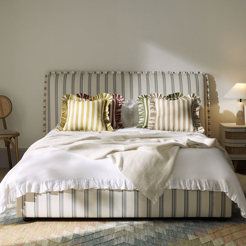 Celeste Upholstered Storage Bed with Ruffled Headboard, Laurel Green Stripe - daals