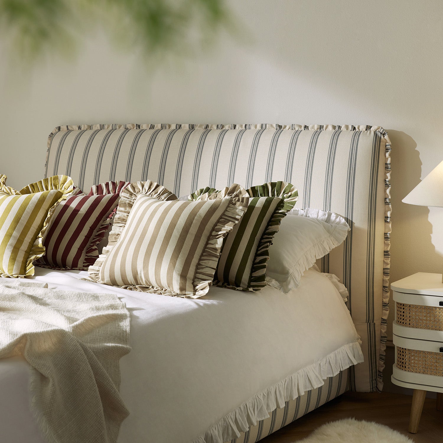 Celeste Upholstered Storage Bed with Ruffled Headboard, Laurel Green Stripe