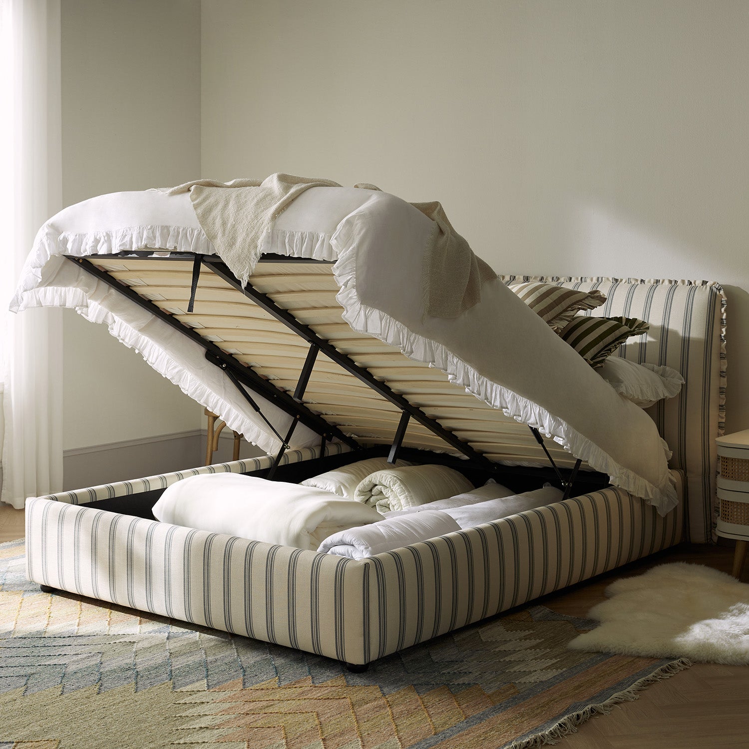 Celeste Upholstered Storage Bed with Ruffled Headboard, Laurel Green Stripe