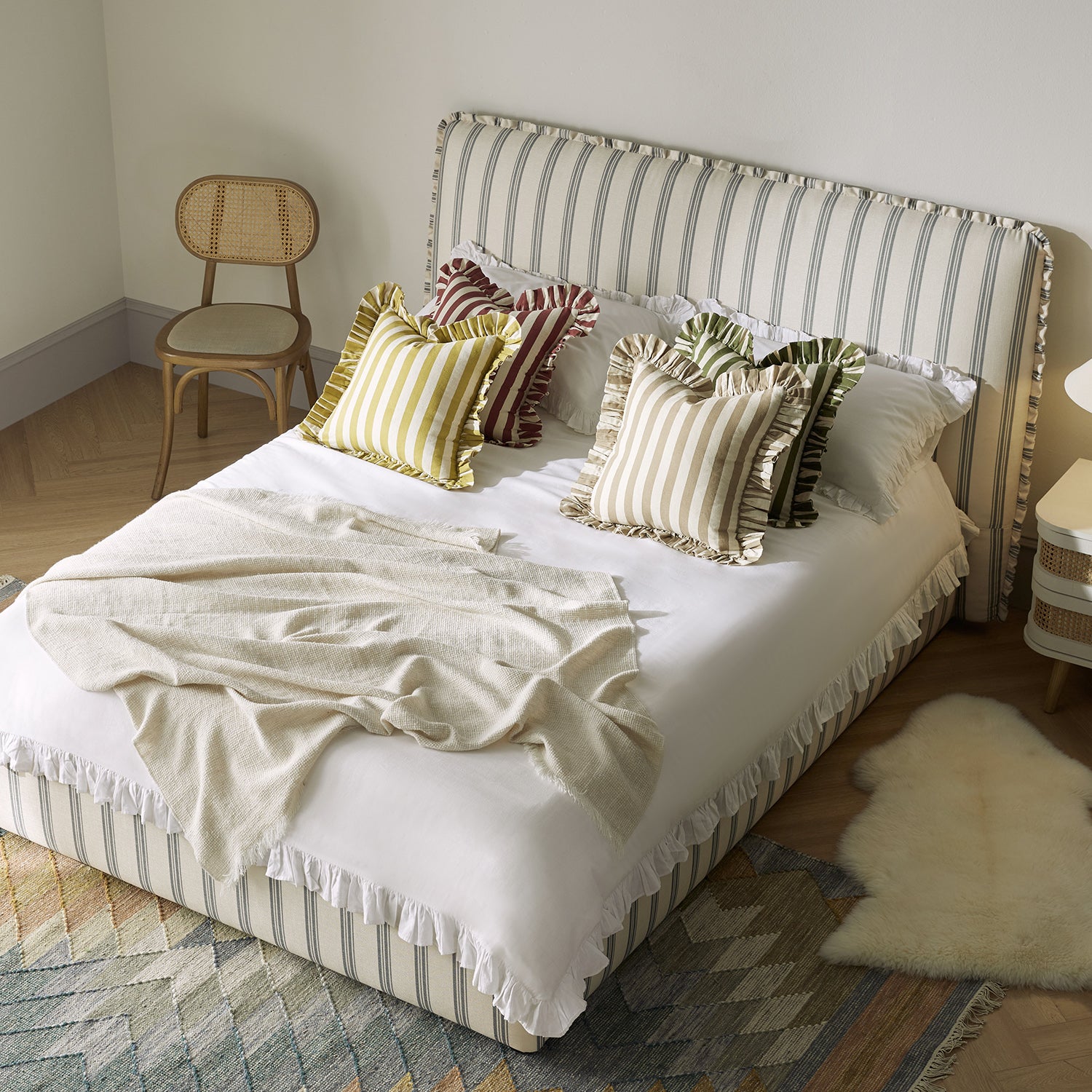 Celeste Upholstered Storage Bed with Ruffled Headboard, Laurel Green Stripe