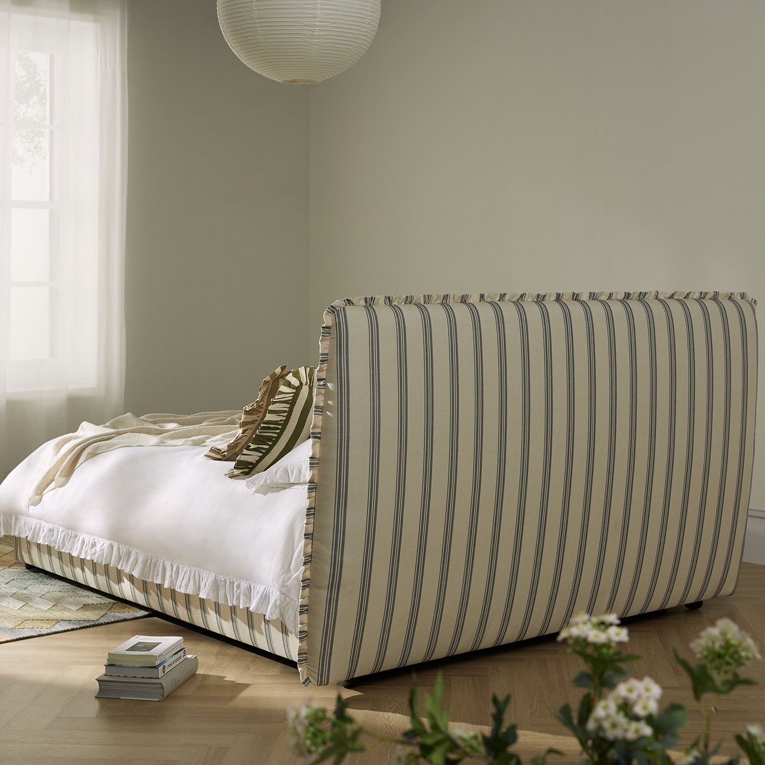 Celeste Upholstered Storage Bed with Ruffled Headboard, Laurel Green Stripe