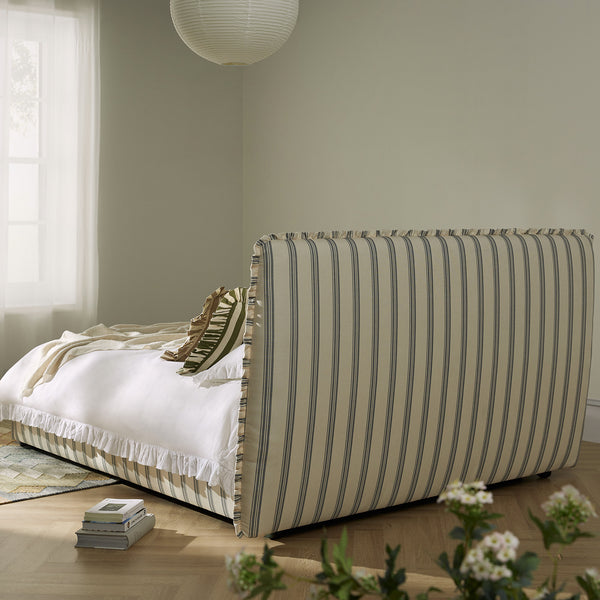 Celeste Upholstered Storage Bed with Ruffled Headboard, Laurel Green Stripe - daals