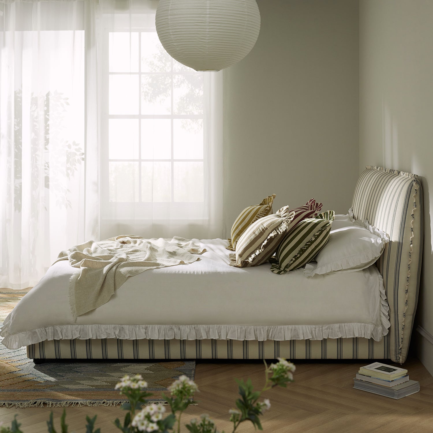 Celeste Upholstered Storage Bed with Ruffled Headboard, Laurel Green Stripe