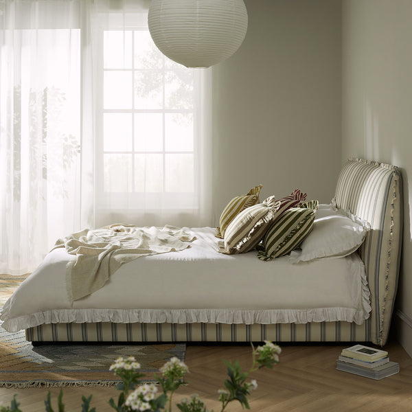 Celeste Upholstered Storage Bed with Ruffled Headboard, Laurel Green Stripe - daals