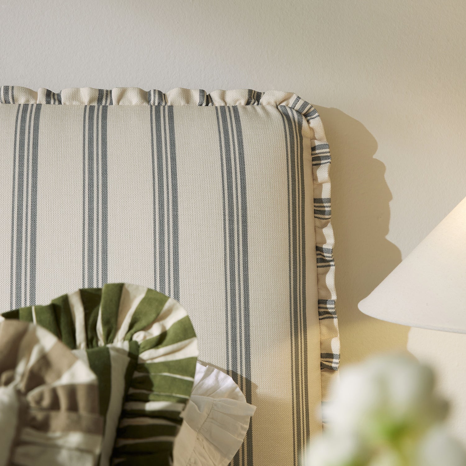 Celeste Upholstered Storage Bed with Ruffled Headboard, Laurel Green Stripe