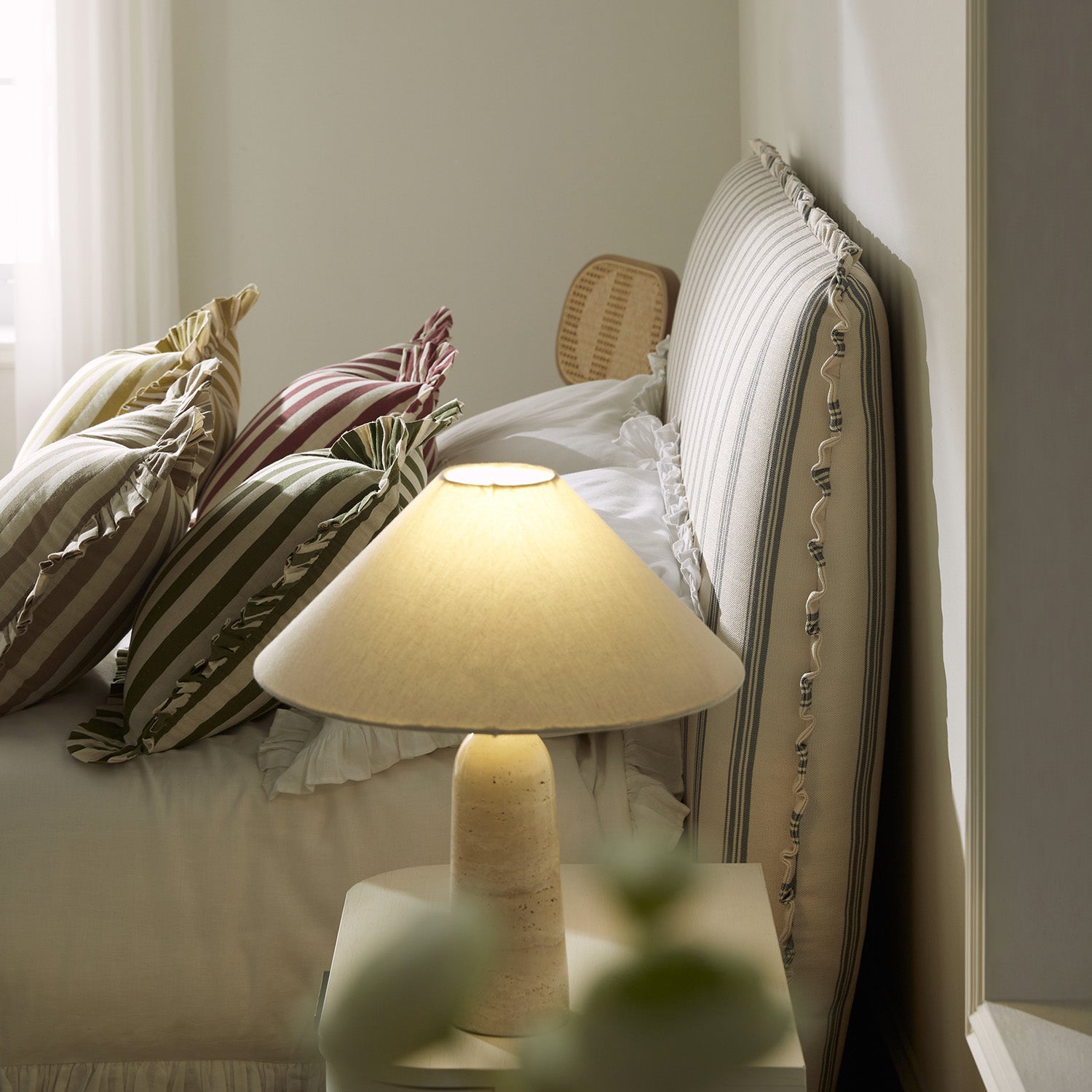 Celeste Upholstered Storage Bed with Ruffled Headboard, Laurel Green Stripe