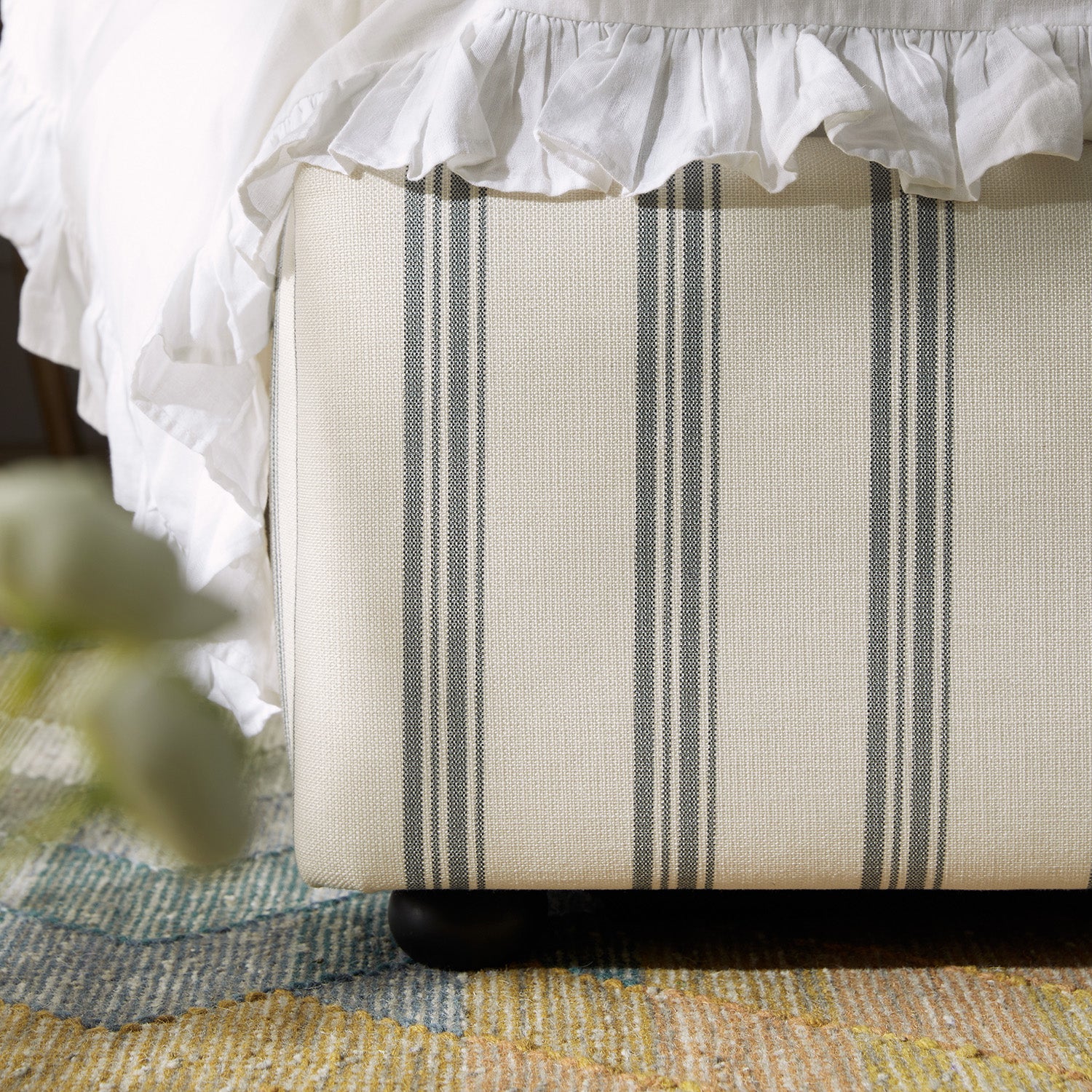 Celeste Upholstered Storage Bed with Ruffled Headboard, Laurel Green Stripe