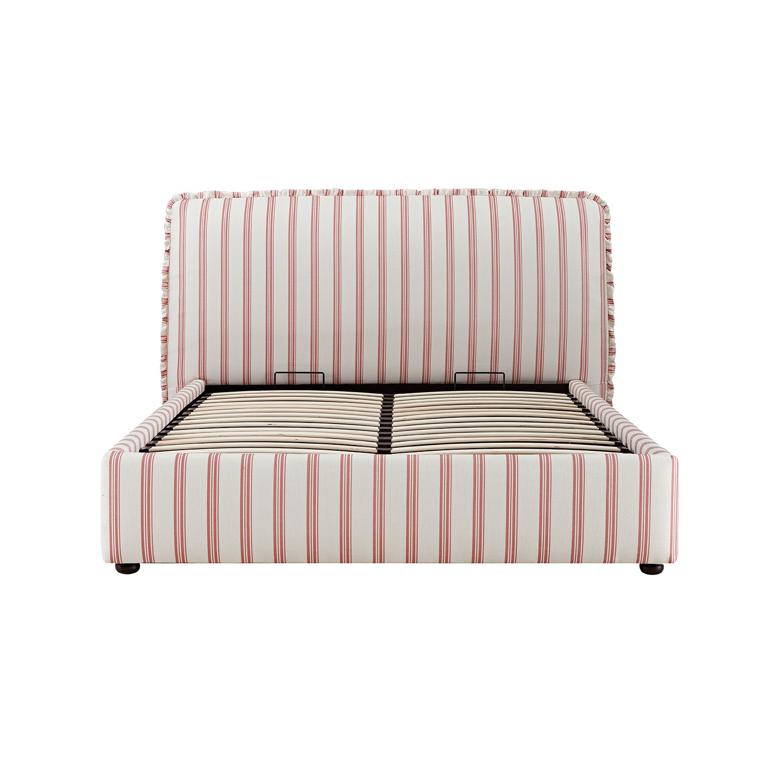 Celeste Upholstered Storage Bed with Ruffled Headboard, Peony Red Stripe