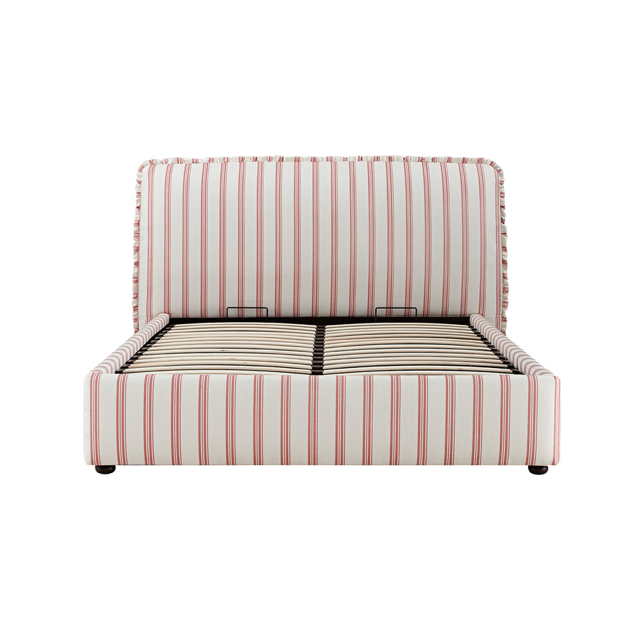 Celeste Upholstered Storage Bed with Ruffled Headboard, Peony Red Stripe