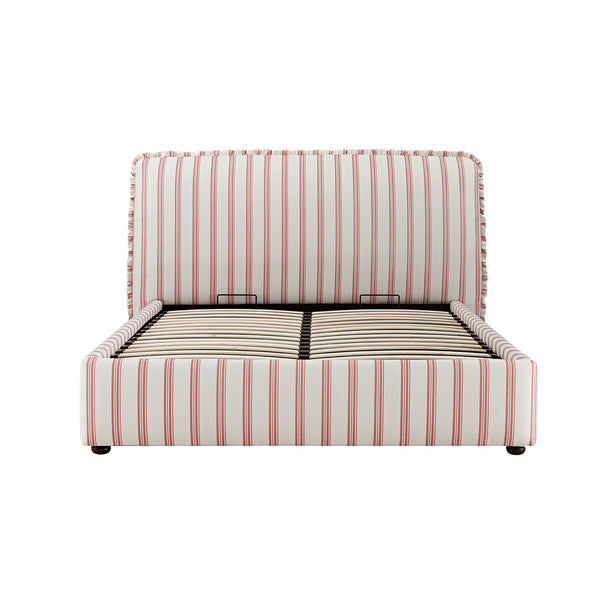 Celeste Upholstered Storage Bed with Ruffled Headboard, Peony Red Stripe - daals