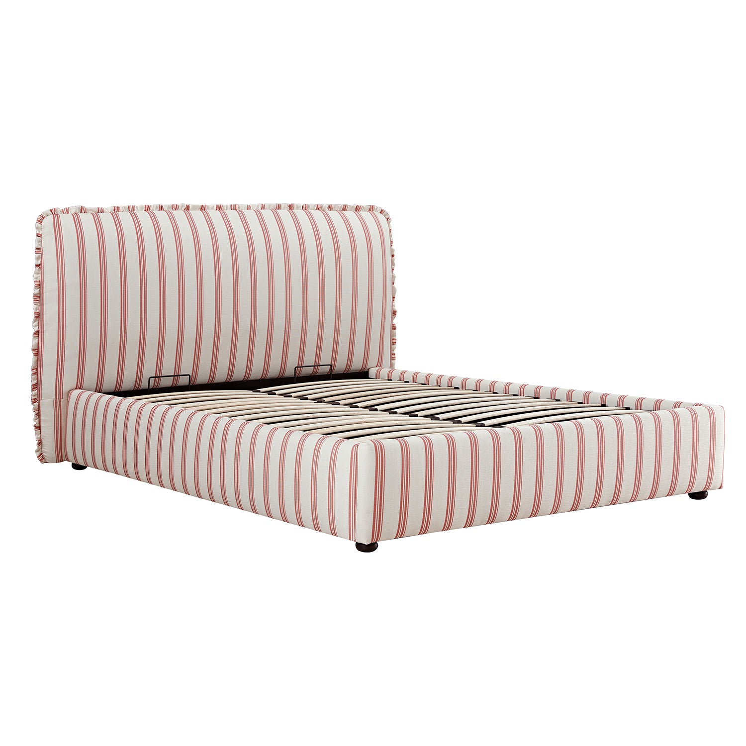 Celeste Upholstered Storage Bed with Ruffled Headboard, Peony Red Stripe