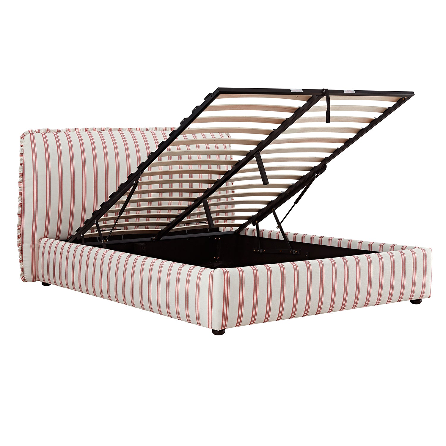 Celeste Upholstered Storage Bed with Ruffled Headboard, Peony Red Stripe