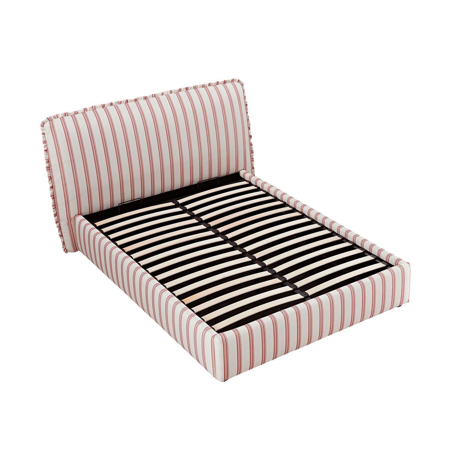 Celeste Upholstered Storage Bed with Ruffled Headboard, Peony Red Stripe